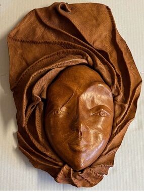 Vintage Handcrafted Brown 3D Leather Mask Wall Art